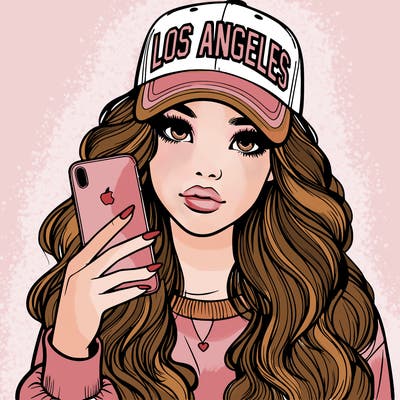 realistic beautiful girl wearing los ángeles cap holding an iphone