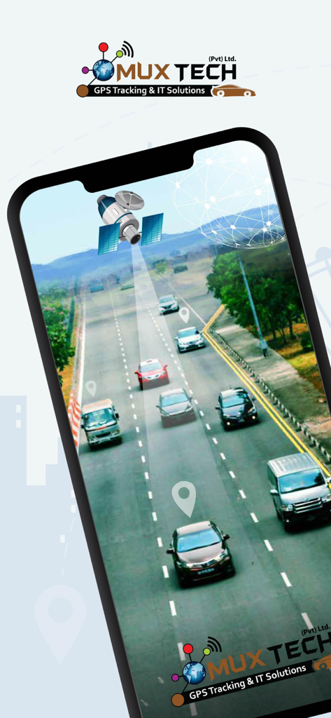 Mux Tech - Mux Tech app interface showing satellite GPS tracking of multiple vehicles on a highway with location markers