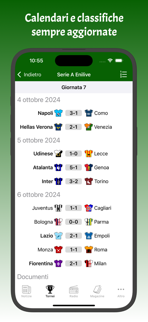 Captura de pantalla de los resultados y marcadores de partidos de la Serie A para la jornada 7 en la aplicación móvil TuttoMercatoWeb.