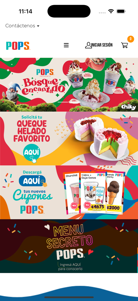 Helados Pops - Helados Pops mobile app home screen showing promotions for ice cream cakes and discount coupons.