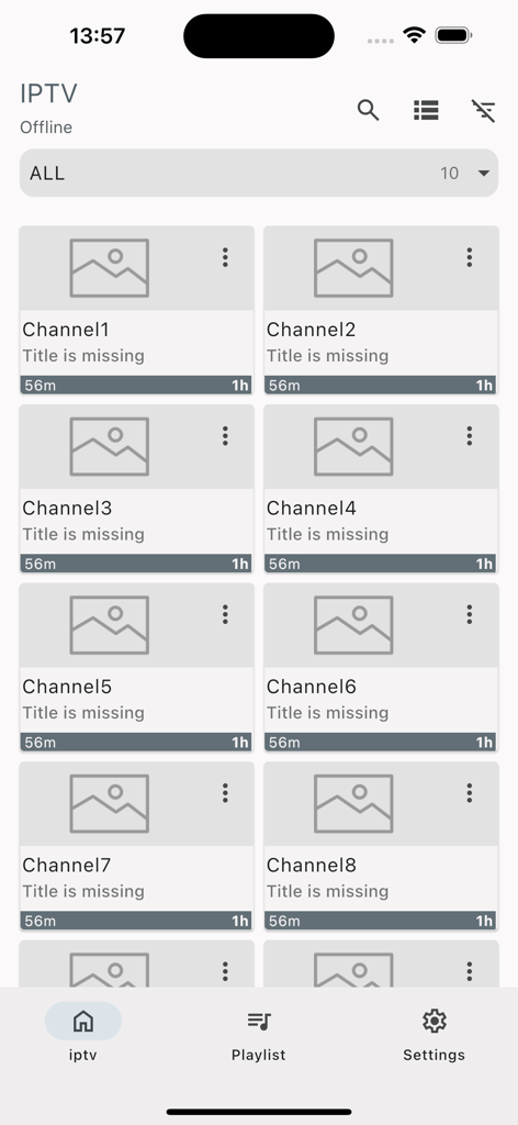 OttPlayertv - Interfaz de la aplicación OttPlayertv mostrando una cuadrícula de marcadores de posición de canales IPTV en una pantalla móvil