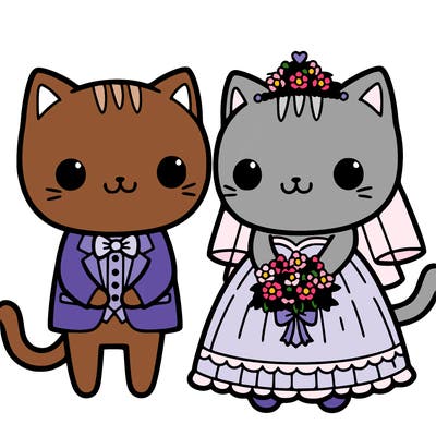 two cats one in a wedding dress and one in a tux getting married