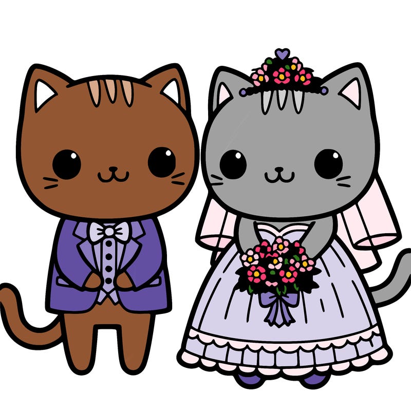 two cats one in a wedding dress and one in a tux getting married
