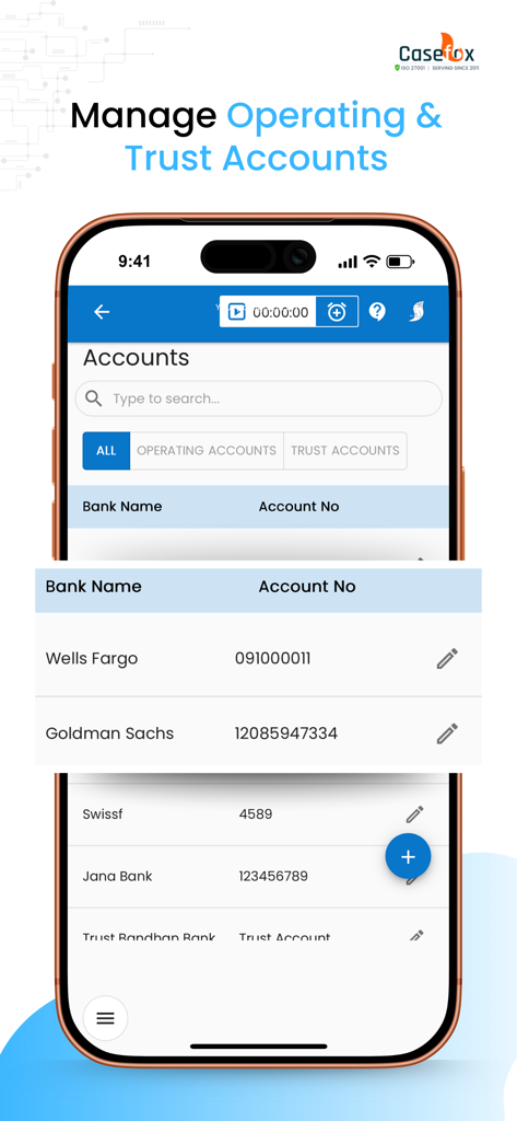 CaseFox - Pantalla de la aplicación móvil CaseFox para gestionar cuentas operativas y de fideicomiso legales