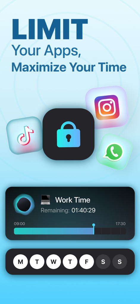 LIMIT: Screen Time Control - LIMIT Screen Time Control app interface showing social media app blocking and work time timer