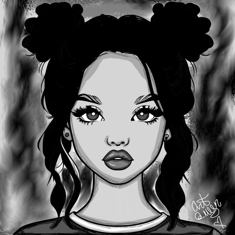 realistic girl with two buns in hair and lips