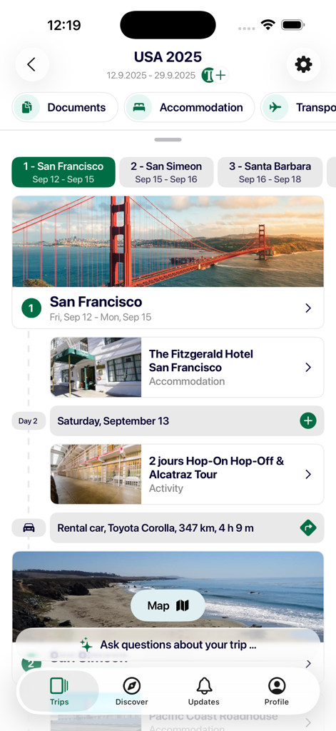 A detailed travel itinerary on the Tourlane app showing hotel bookings, tours, and activities for a trip to San Francisco.