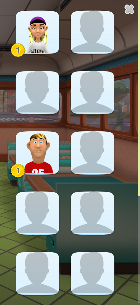 Food Merge: Cook & Design - Grade de coleção de personagens mostrando avatares desbloqueados e ocultos no restaurante