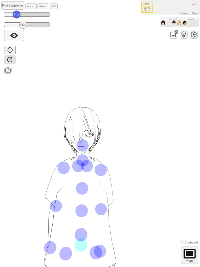 FastPoseVRM - Un boceto lineal de un personaje de anime en la aplicación FastPoseVRM mostrando nodos circulares azules utilizados para el posicionamiento y la manipulación de articulaciones.