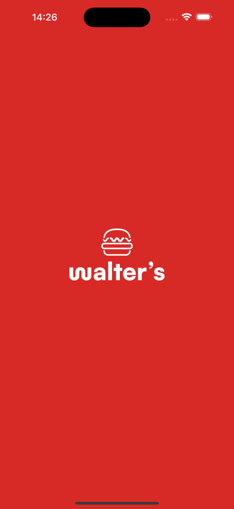 Startbildschirm der Walter's Gourmet-Burger-App mit weißem Logo und Markennamen auf rotem Hintergrund.