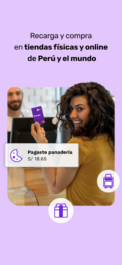 Prexpe - Cuenta digital - A woman holding a purple Prexpe Mastercard with a notification of a bakery payment in Peru