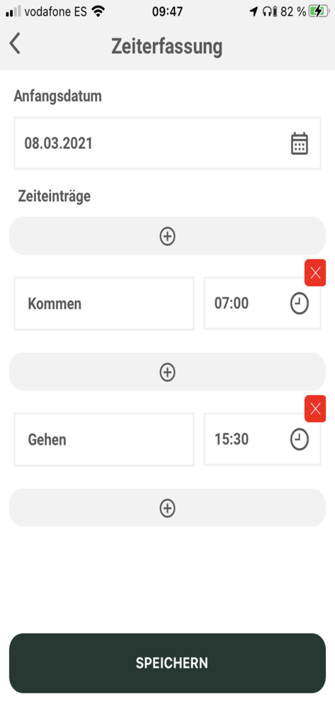 P and I Loga3 mobile app screen for entering work hours and clocking in and out