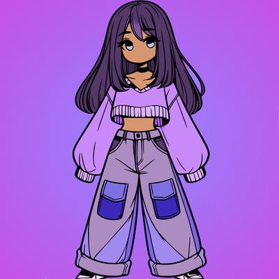 cute girl with straight hair in baggy jeans and a crop top and a sweater