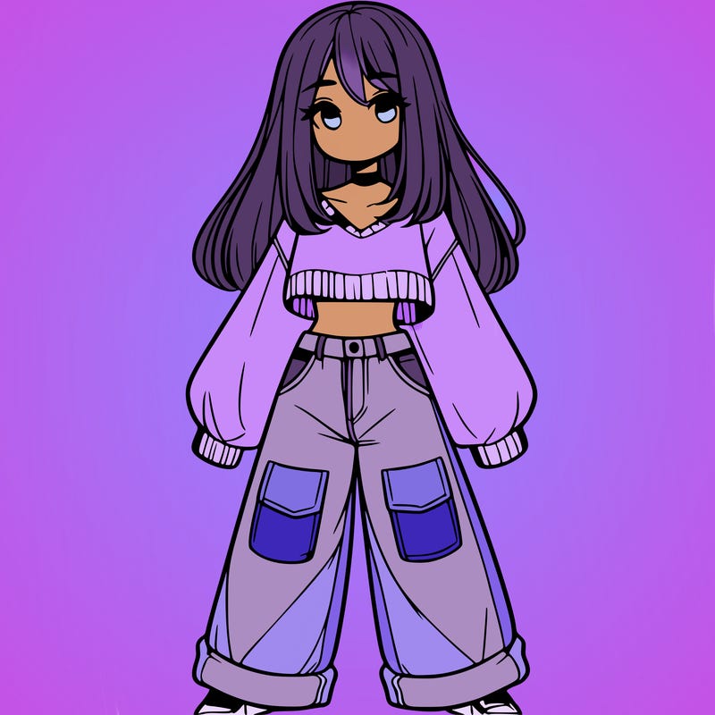 cute girl with straight hair in baggy jeans and a crop top and a sweater