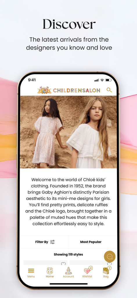 Childrensalon app interface featuring luxury designer clothing for kids