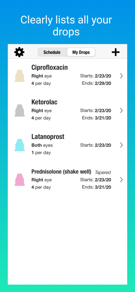 A list of scheduled eye drops in the EyeDropAlarm app featuring names, dosages, and colored bottle cap icons.