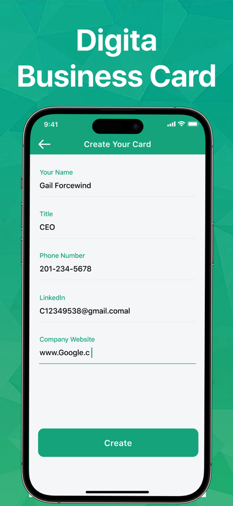 Number Book: Caller ID & Block - Interfaz de creación de tarjetas de presentación digitales en la aplicación Number Book con campos para nombre, cargo y número de teléfono.