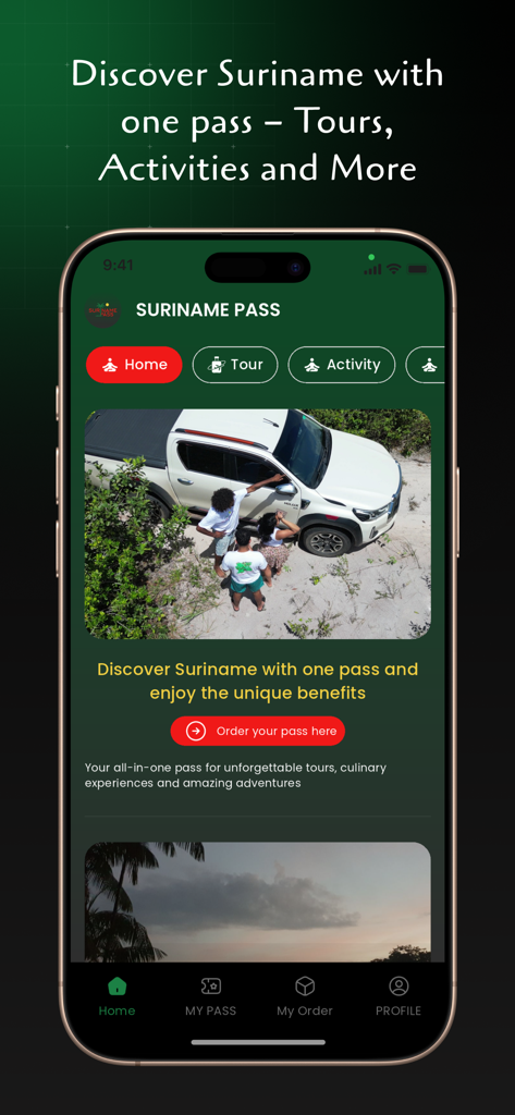Suriname Pass - ツアーやアクティビティを特徴とするスリナムパスモバイルアプリのホーム画面