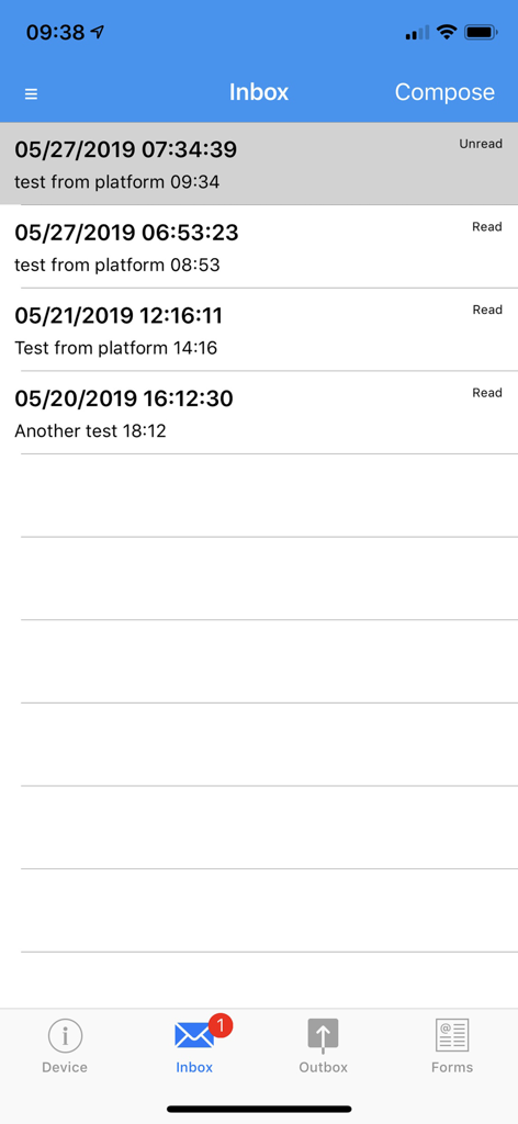 IndigoConnect+ - Inbox screen of the IndigoConnect plus app showing a list of received messages with timestamps and read status
