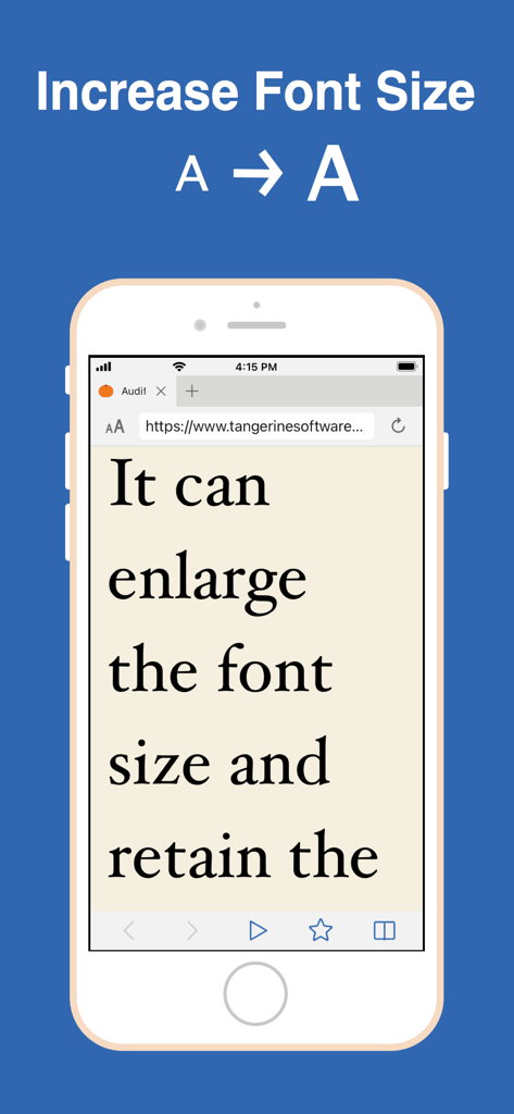 Audify app interface showing the font enlargement feature for improved web page readability