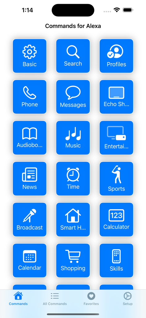 Mobile app interface displaying categorized Alexa voice commands such as Smart Home, Music, and News.
