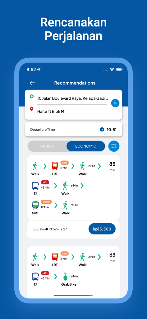 JakLingko app interface showing transit route recommendations and journey planning for Jakarta public transport