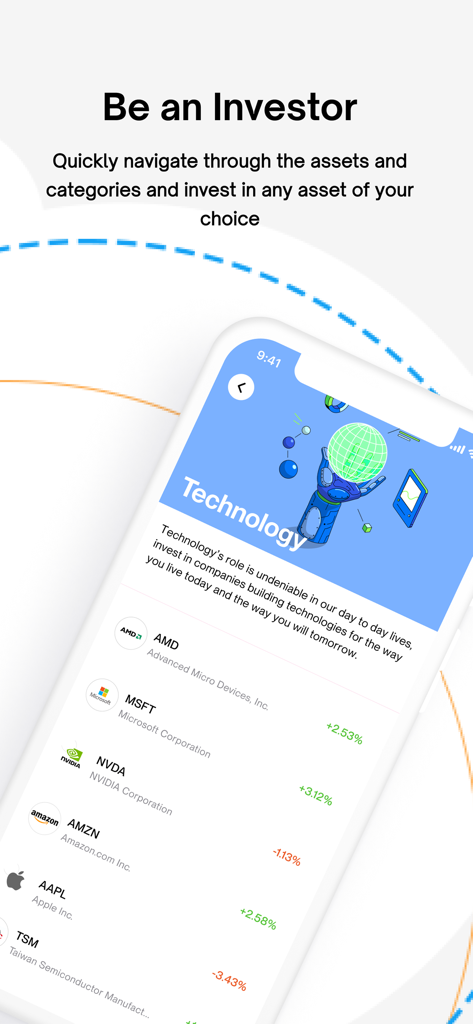 Trove - Investing, simplified - Trove app interface showing a list of technology stocks including Microsoft and Nvidia