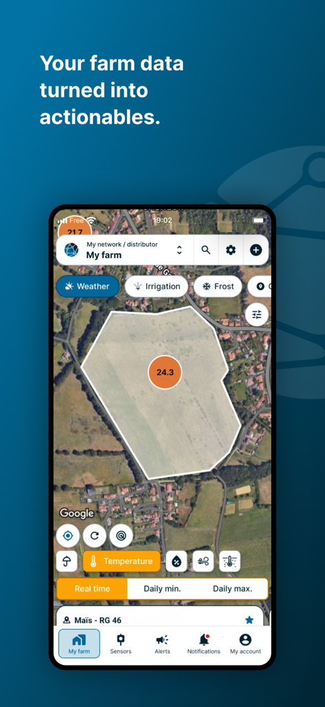 Weenat - Dashboard dell'app Weenat che mostra una mappa satellitare di una parcella agricola con dati di temperatura in tempo reale