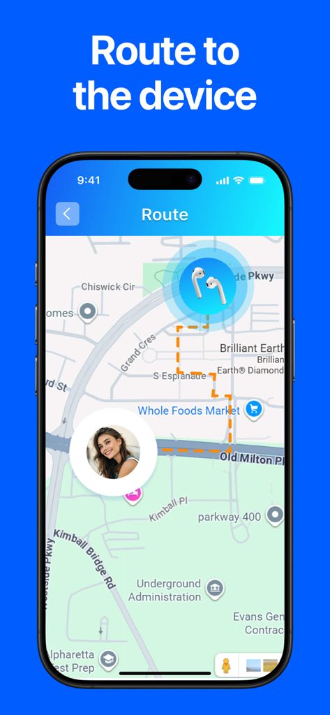Bluetooth Finder & Scanner + - Pantalla de una aplicación móvil que muestra un mapa con una ruta para localizar un par de auriculares Bluetooth perdidos