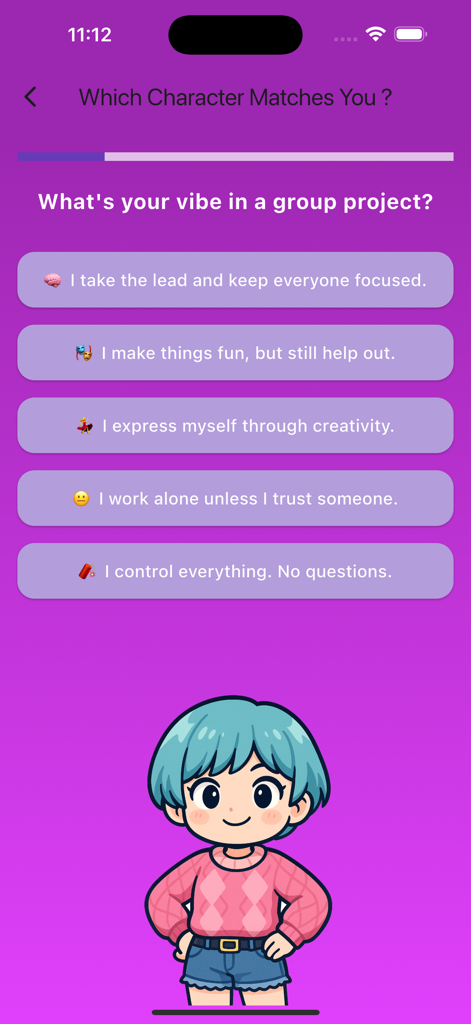 Kpop Quiz & Coloring Game - A personality quiz screen from the Kpop Quiz and Coloring Game app asking about group project vibes with a cute anime character.