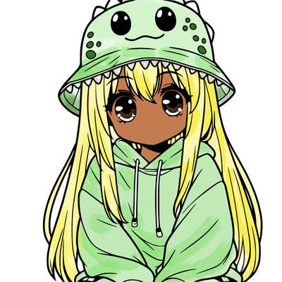 girl with anime shaped eyes with a dinosaur bucket hat oversized sweatshirt long straight hair