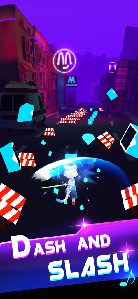 Blade Master : Beat The Music - A character slashing blue blocks in a neon city environment in Blade Master Beat The Music