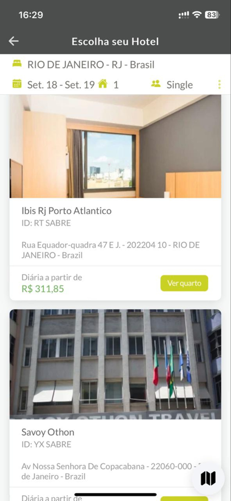 Tela de resultados de busca de hotéis do aplicativo Lemontech para viagens de negócios.