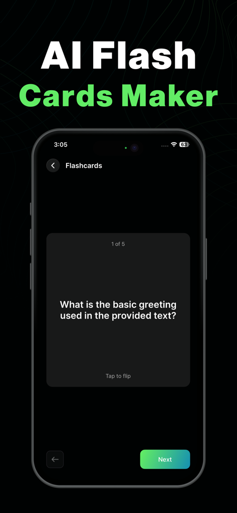 AI Note Taker- Meeting Minutes - A mobile screen showing the AI Flash Cards Maker feature with a study question on a digital card.