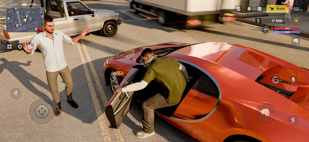 A player character stealing a red supercar from another character in the OneState RP mobile game.
