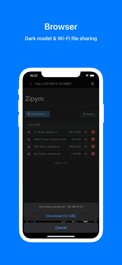 Zipym Lite browser interface showing Wi-Fi file sharing and dark mode features
