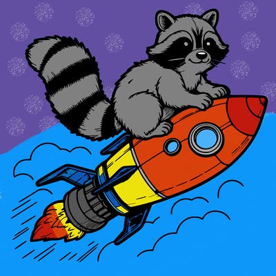 realistic raccoon flying on top rocket ship