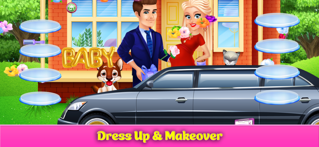 Mommy & Baby Games: Newborn - Schwangere Mama- und Papa-Figuren stehen neben einer Limousine in einem Ankleidespiel