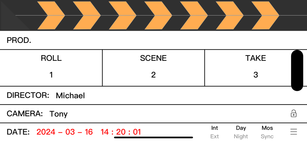 Digital film slate interface showing roll scene and take information