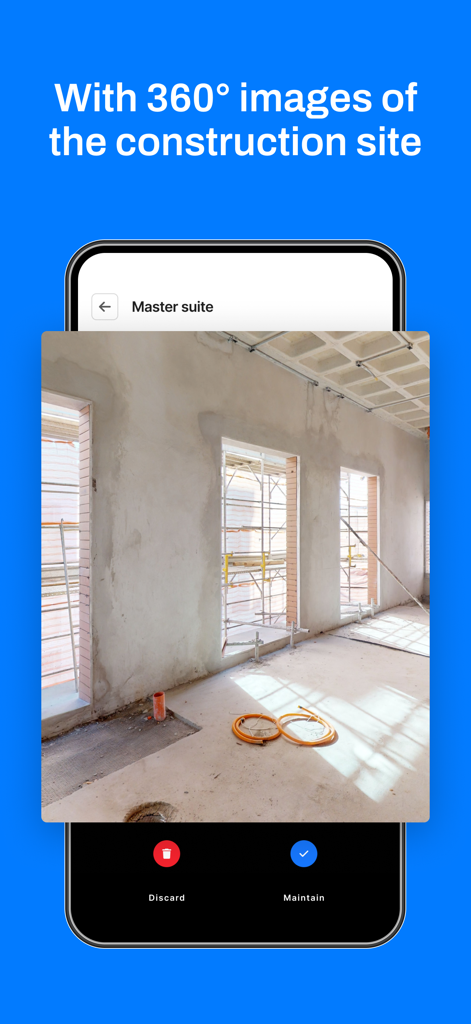 VISI (by Construct IN) - Interface of the VISI app showing a 360 degree construction site photo of a master suite being reviewed for progress tracking.