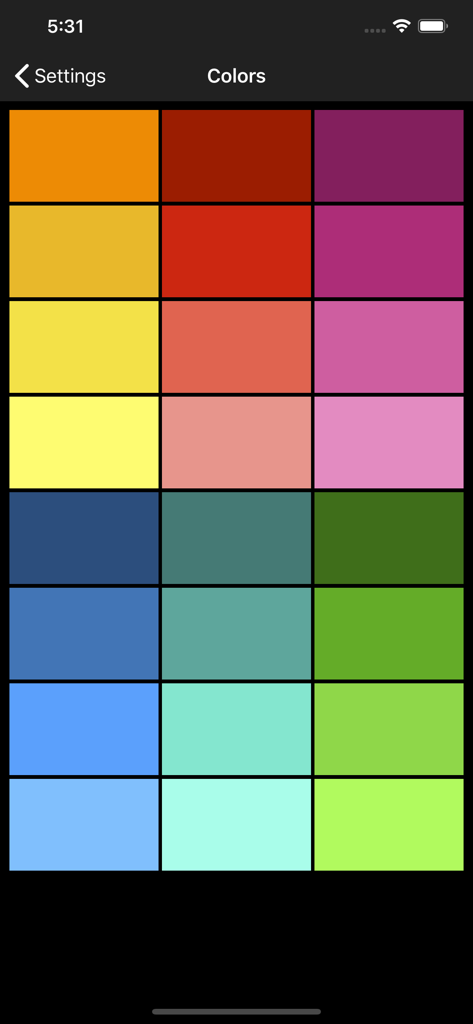 A grid of twenty four colorful theme options for the calculator keyboard