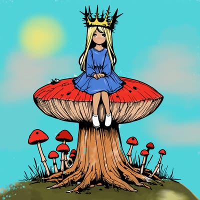 realistic girl sitting on a huge tree stump size toadstool with thorn crown