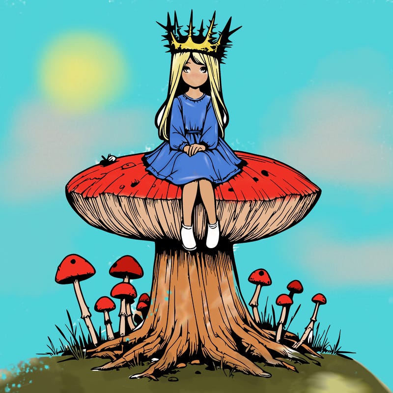 realistic girl sitting on a huge tree stump size toadstool with thorn crown