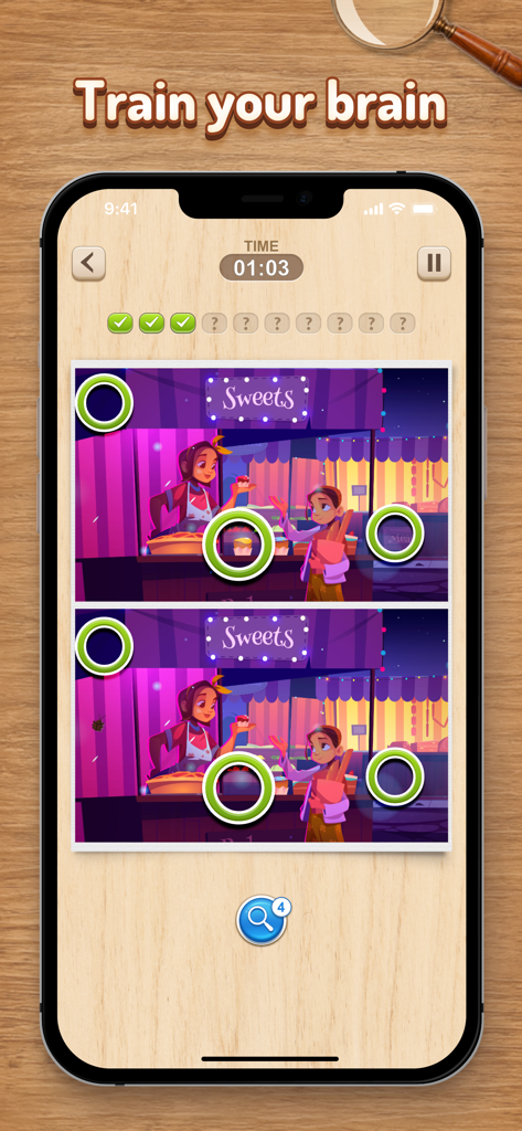Find the Difference HD - A find the difference puzzle game screen showing circled differences between two similar cartoon images of a sweets shop