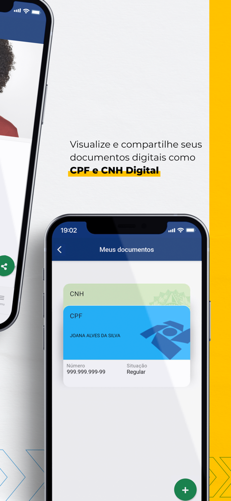 A smartphone screen displaying Brazilian digital identity documents like CPF and CNH inside the gov.br app.