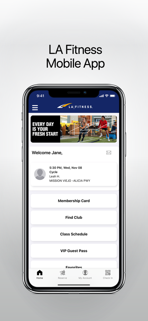 The home screen of the LA Fitness mobile app with options for membership card and class schedule