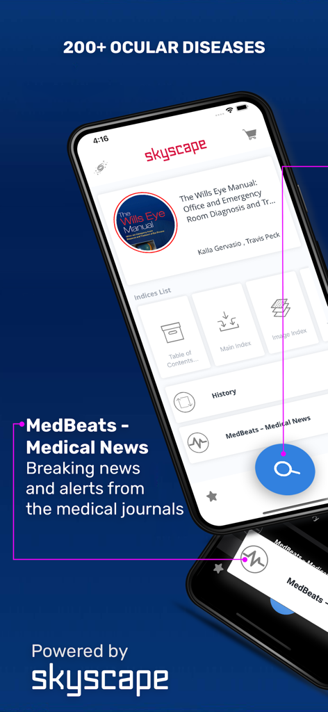 The Wills Eye Manual app interface featuring medical news and clinical indices for ocular diseases.