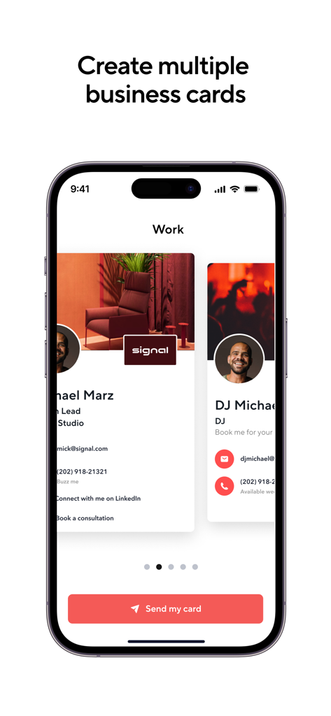 An iPhone screen showing the Blinq app with multiple digital business card profiles for different professional roles.
