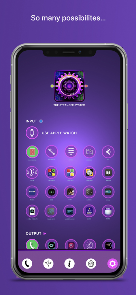The Stranger - Ein Smartphone-Bildschirm zeigt das Menü der Magie-App The Stranger mit verschiedenen Ein- und Ausgabemöglichkeiten für Tricks.