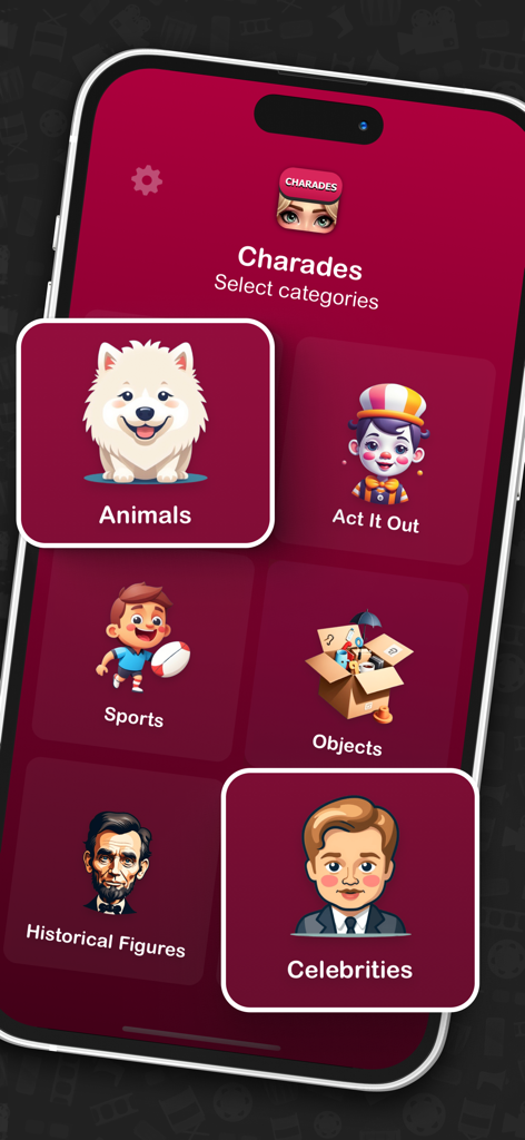 Headbands: Charades Game - A tela de seleção de categoria do aplicativo móvel Headbands Charades exibindo opções como Animais e Celebridades